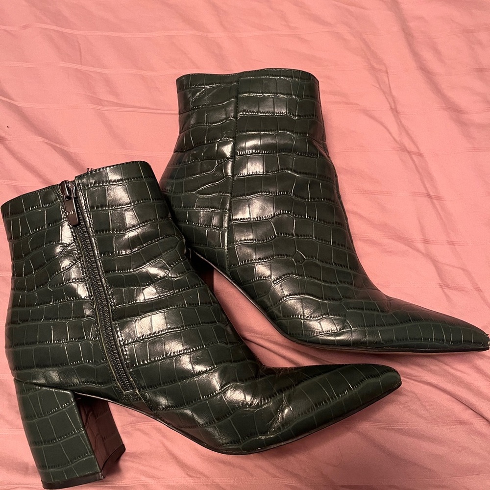 Marc Fisher Green Croc-Embossed Ankle Boots
